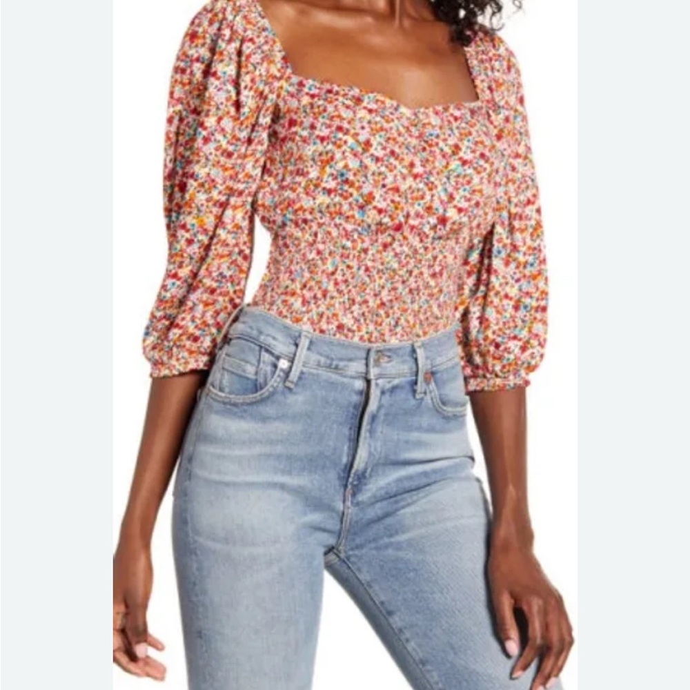 AFRM Mari Smocked Floral Square Neck Puff Sleeve Blouse Red Ditsy Print Size M